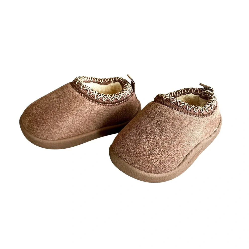 Embroidered Plush Brown Faux Suede Baby 24 Months Booties Pull-On Cozy Slippers